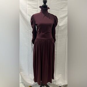 Kathryn Conover Petite Burgundy High Neck Puff Sleeve Midi Dress USA